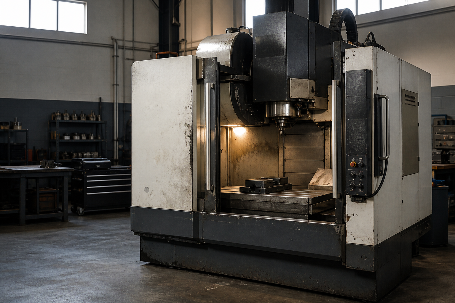 A used CNC machining centre in a clean working machine shop